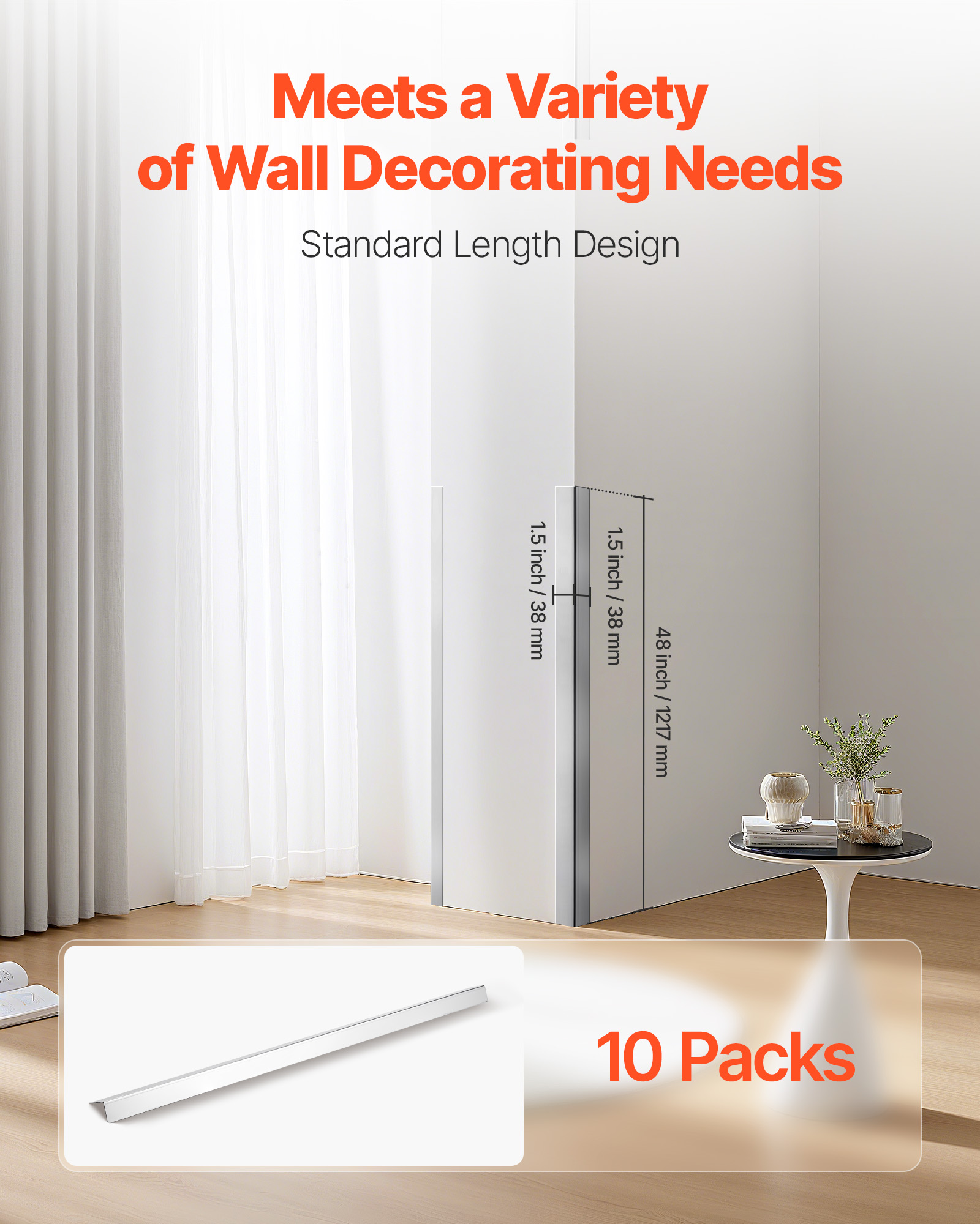 VEVOR Stainless Steel Wall Corner Protector, 1.5 x 1.5 x 48 inch, 10 Pack Metal Corner Guards, 304 Stainless Steel Edge Trim 90-Degree Angle for Home,Office,Commercial Wall Protection, with 3m Tape