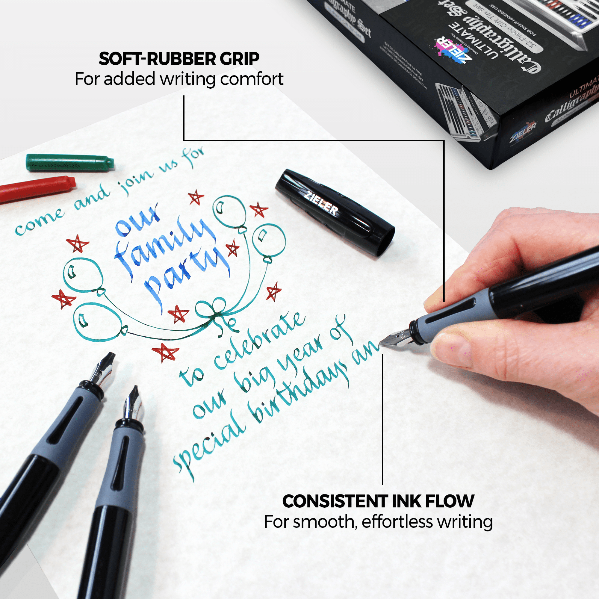 Zieler® Ultimate Calligraphy Pen Gift Set (32 pieces), Presented in a Tin Gift Box