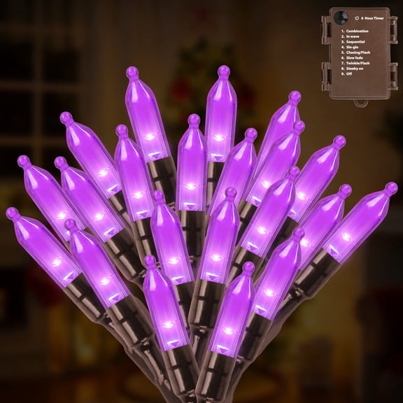 50 LED Purple Halloween String Lights - 18FT Battery Operated Mini Lights with 8 Modes, Timer & IP44 Waterproof for Indoor/Outdoor Tree, Garland, Yard, Porch Decor