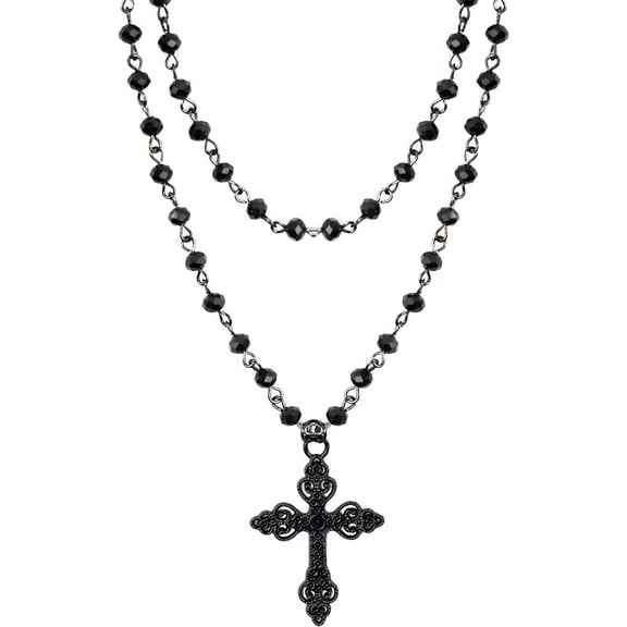 Tilga Gothic Layered Cross Choker Necklace, Black Bead Cross Choker, Gothic Emo Grunge Necklace, Costume Jewelry, Halloween Christmas Jewelry Gift for Women