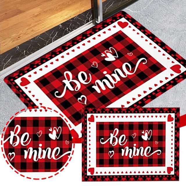 Cqxid Tapis à Moins de 5 $ Saint-Valentin Tapis de Porte Intérieur et Extérieur Profil Bas Résistant à la Saleté et Lavable Absorbe l'Eau Antidérapant Tapis d'Entrée Imprimé de Lettres à Carreaux 40x60 cm