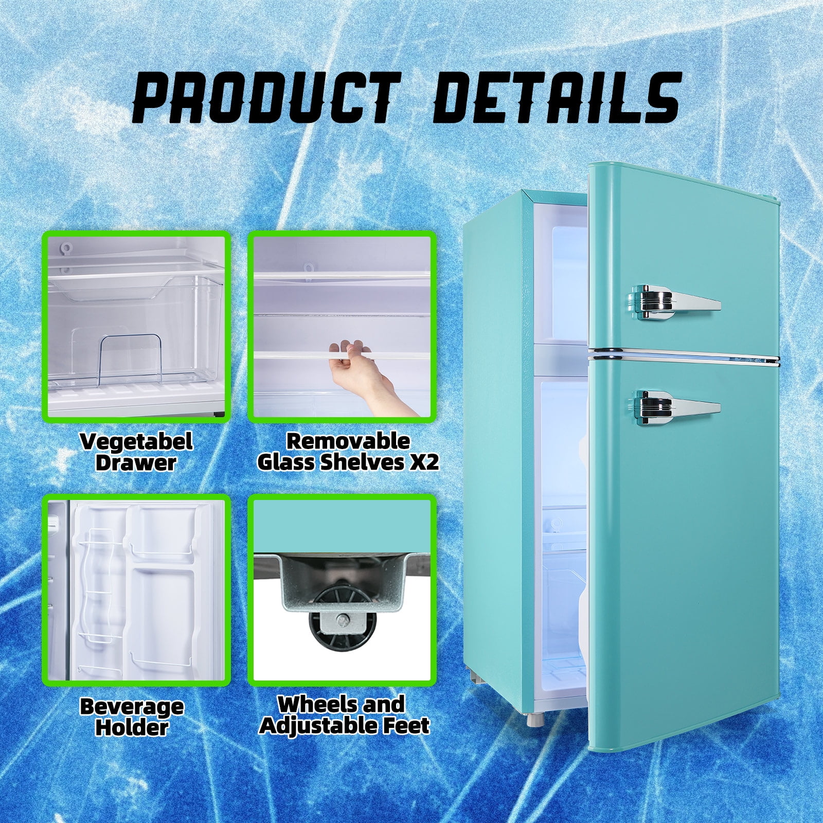 TACOOL Small Retro Mini Fridge with Top Freezer 100 Liter Dual Door Compact Refrigerator with Adjustable Thermostat LED Light, Low Noise for Dorm Blue