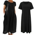 thumbnail image 5 of FINALGANG New Dress For Women Solid Color Short Sleeve O-Neck Cotton Linen Sundress With Pockets Relaxed Fit Activewear, 5 of 5
