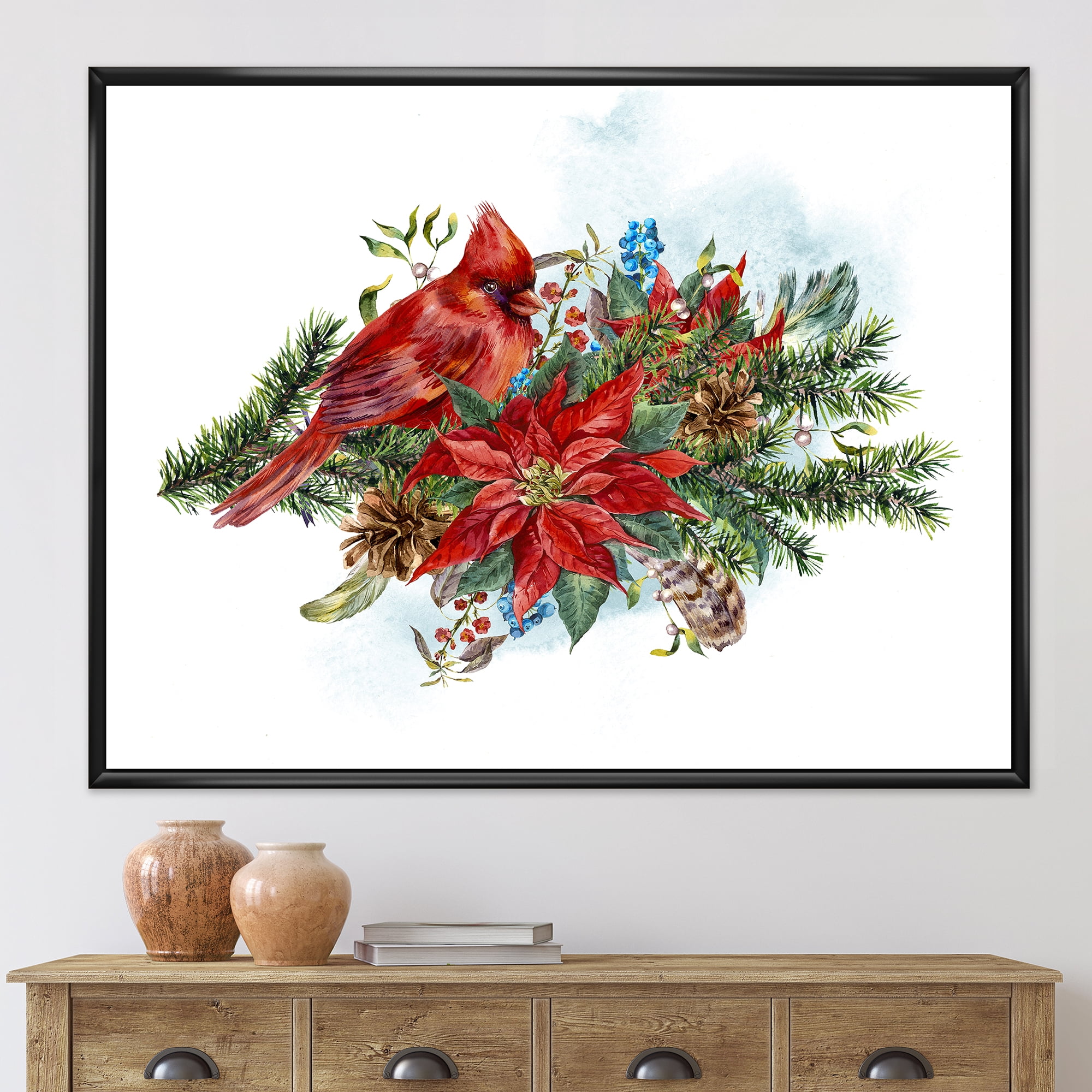 Designart 'Christmas Red Cardinal Bird and Poinsettia' Traditional Framed Canvas Wall Art Print