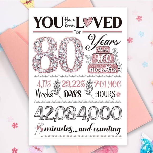 Tarjeta de cumpleaños TSVATE 80th para mujer en oro rosa con sobre
