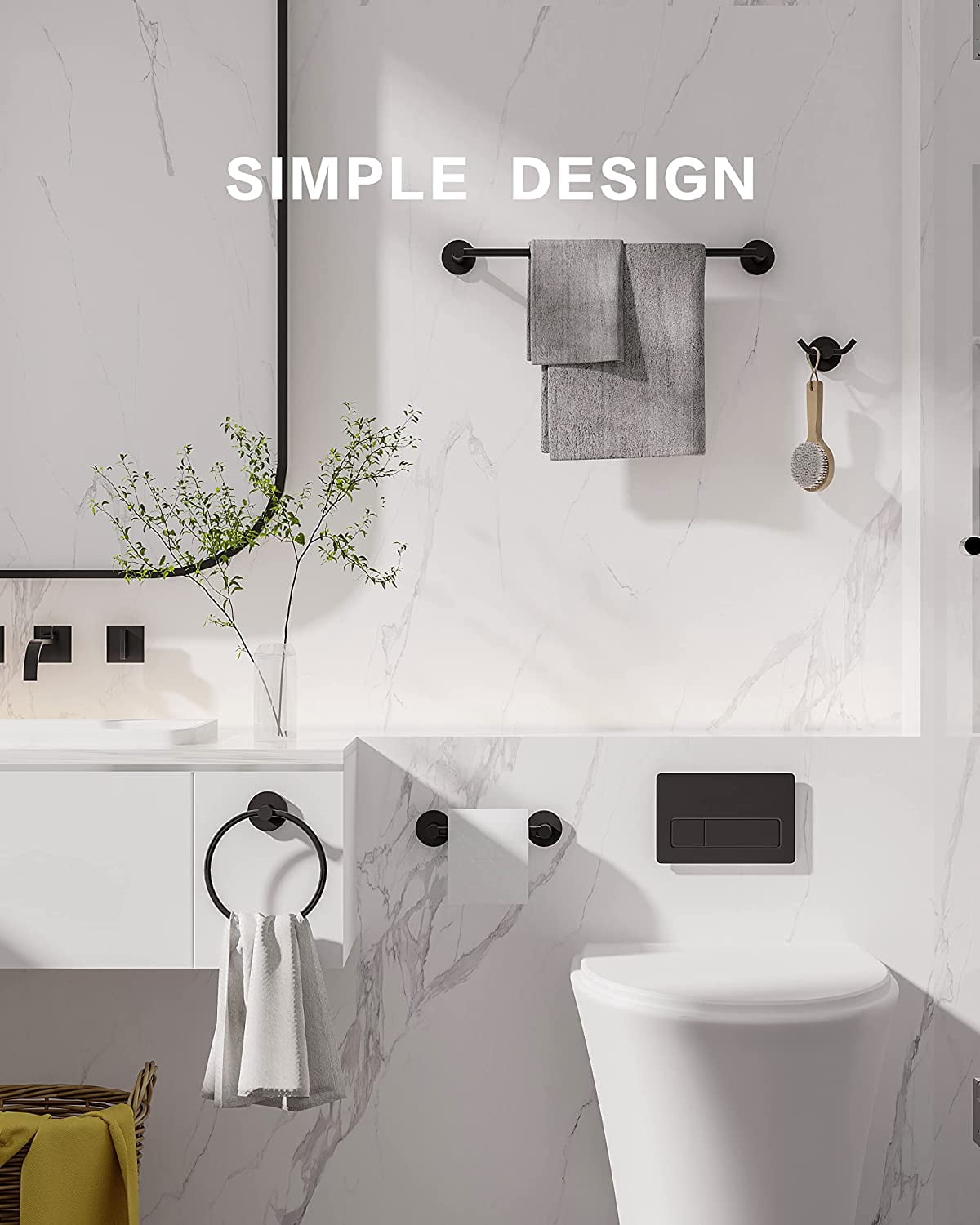 4 Pieces Bathroom Hardware Accessories Set (18-Inch Single Towel Bar, Towel Ring, Toilet Paper Holder, Double Towel Hooks) Matte Black Stainless Steel and Zinc Alloy Wall Mounted