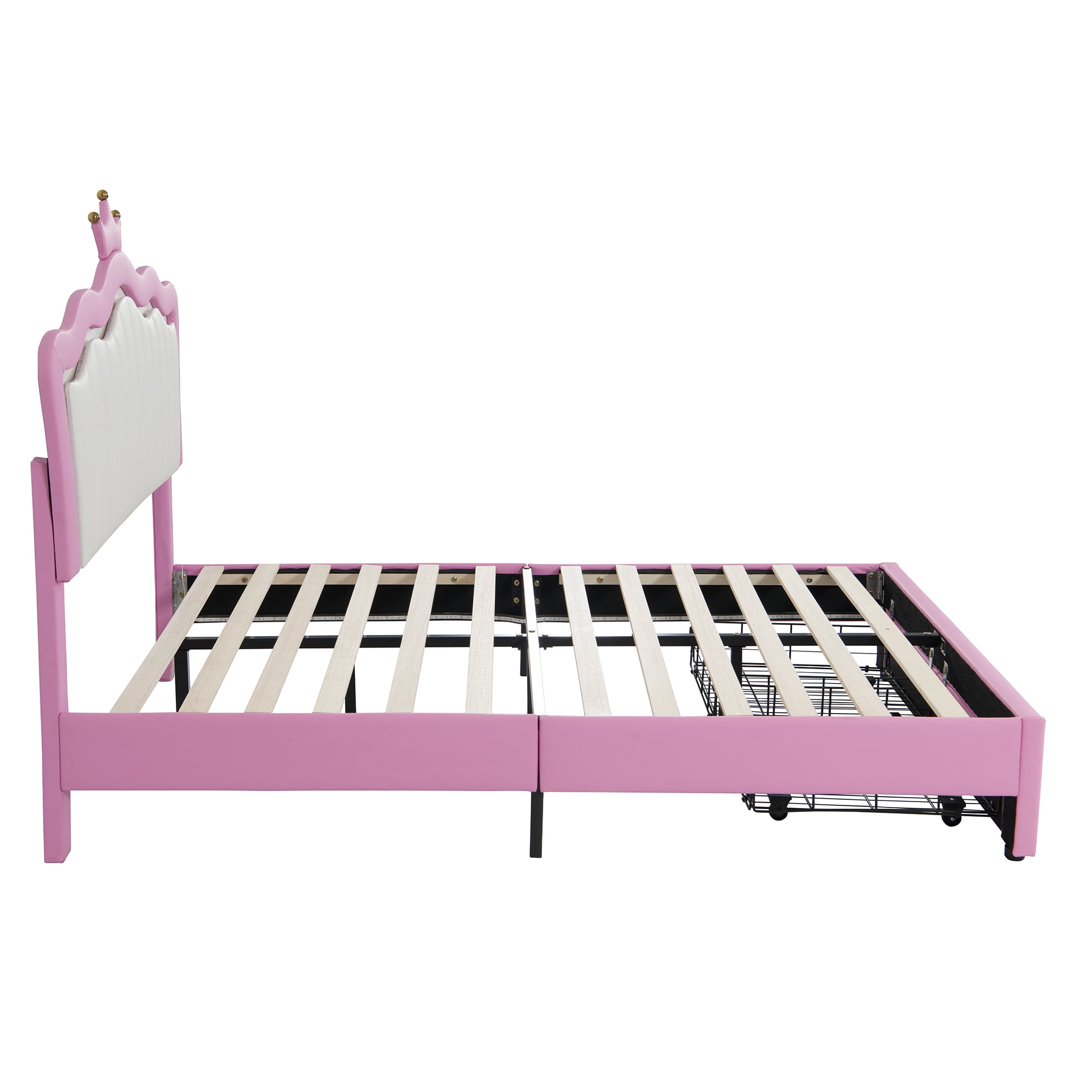 Miniyam Upholstered Full Size Bed with LED Lights, Crown Headboard for Kids, Pink