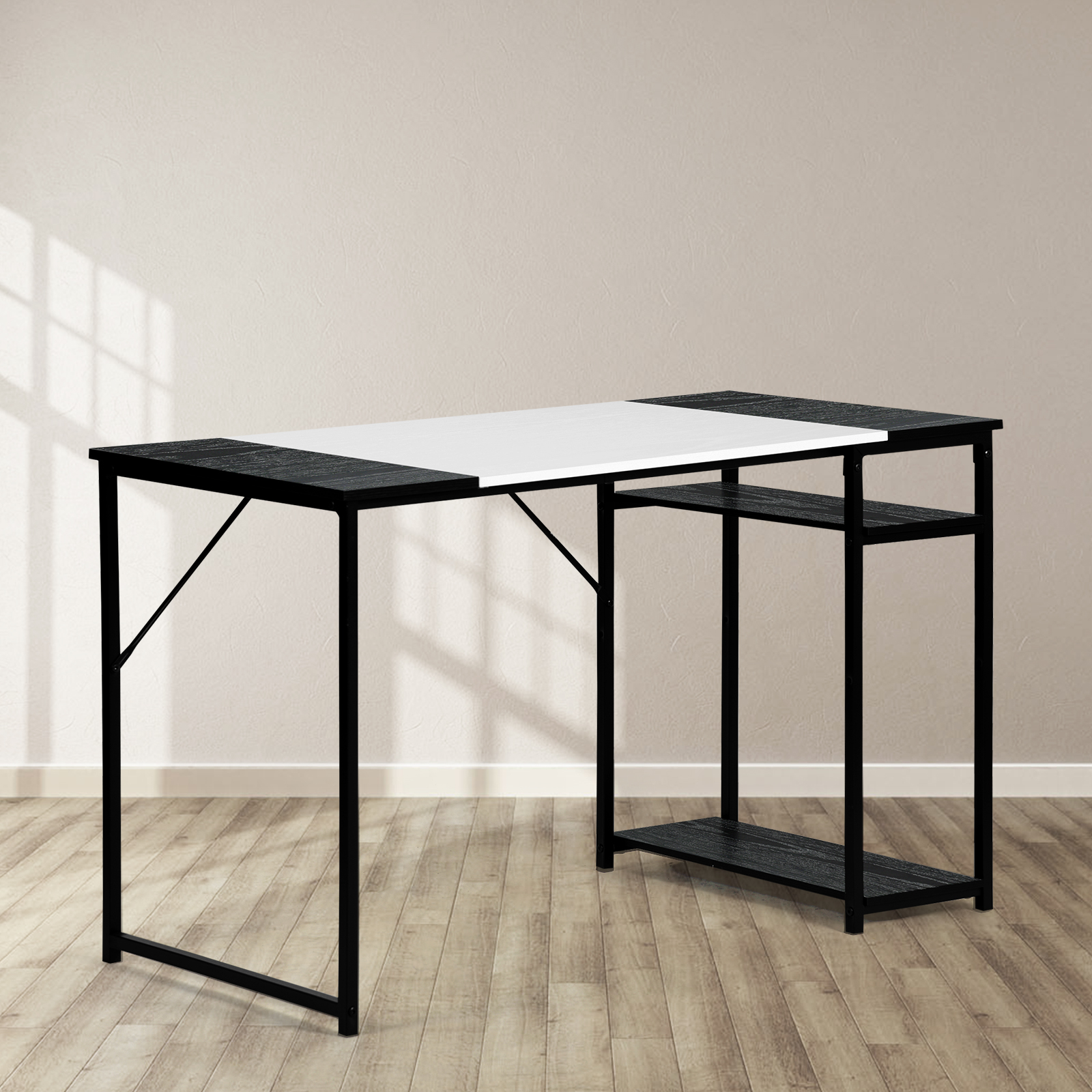 47.2" Modern Computer Desk with 2-Tier Storage Shelves, Metal Frame Waterproof Writing Workstation, Space-Saving Study Table for Home Office Bedroom