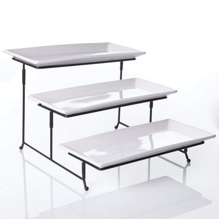 Display Platter (3 Tier Rectangular Serving Platter, Three Tiered Cake Tray Stand, Food Server Display Plate Rack, White, This setWalmartes with three fine ceramic serving.., By)