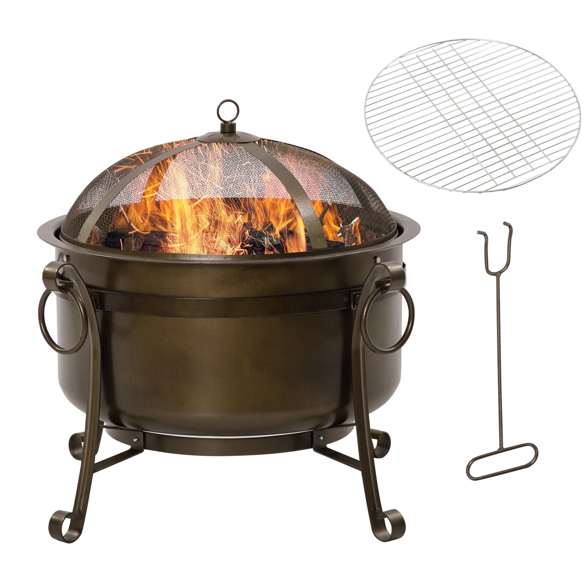 Aimee Lii 30" Outdoor Fire Pit Grill, Portable Steel Wood Burning Bowl, Cooking Grate, Poker, Spark Screen Lid, Outdoor Firepit for Patio, Backyard, BBQ, Camping, Bronze