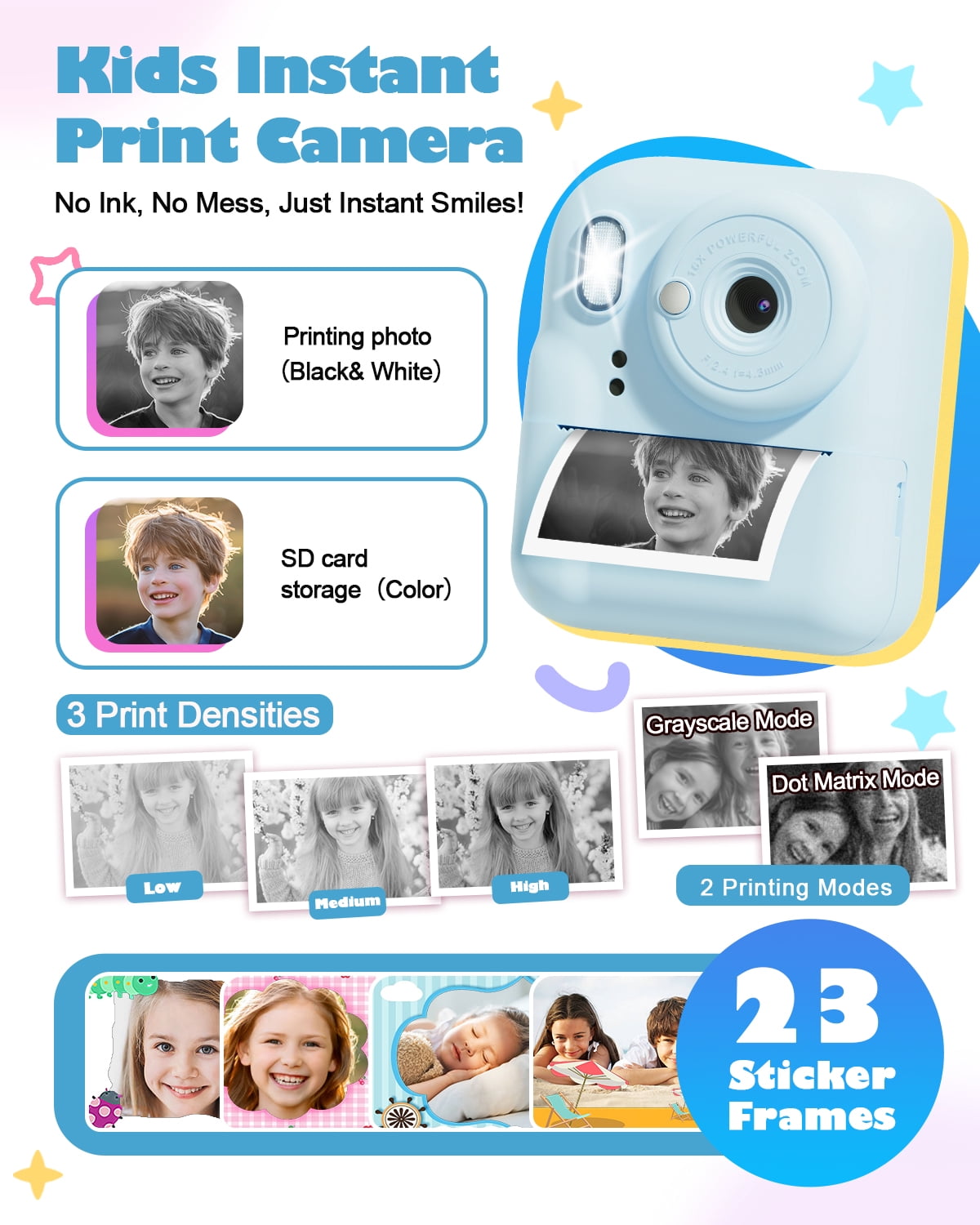 Seckton Instant Print Camera for Boys Girls , Dual-Lens 1080P Kid Digital Camera Birthday Gifts for 3-12 Year Old Boy Blue
