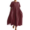 thumbnail image 2 of EvenHe Liquidation Robe d'Été pour Femmes Couleur Unie Col Rond Manches Courtes Ourlet Ample avec Poches Vin L, 2 of 5