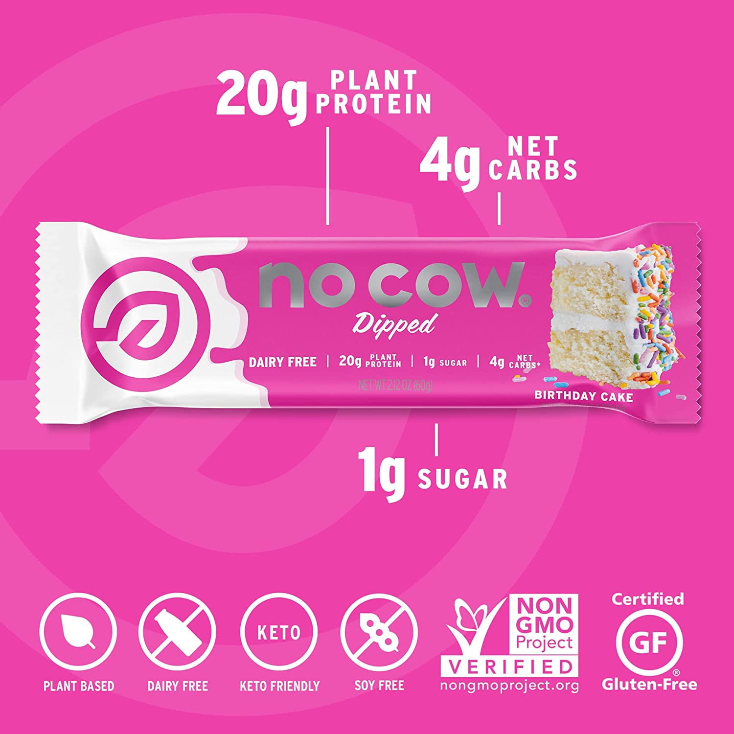 Pack of 12, No Cow Bar Dipped Birthday Cake Protein Bars, 2.12 oz