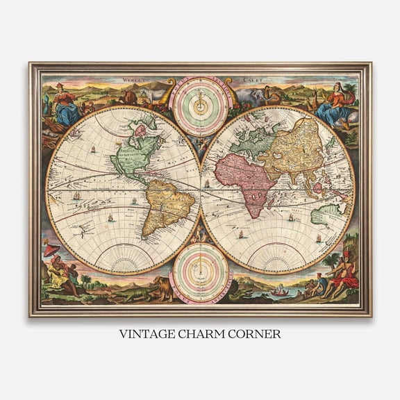 Antique World Map 1730 Vintage Dutch Cartography Print Baroque Travel Home Decor Gallery Gift