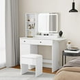 thumbnail image 3 of Makeup Vanity Desk with Fold-up Panel, Makeup Table with LED Lighted Mirror 2 Drawers & 1 Cabinet Vanity Desk Set with Power Outlet, Storage Cushioned Stool for Bedroom Dressing Room (White), 3 of 7