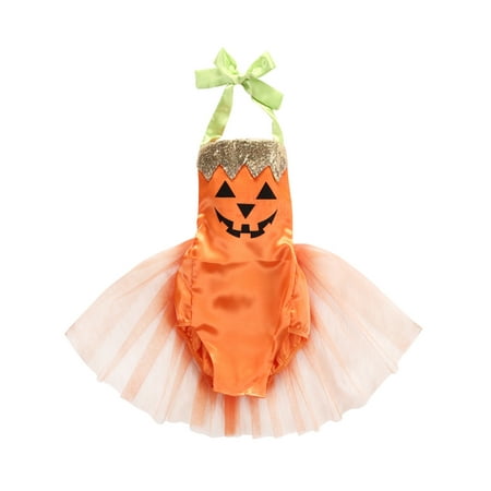 StylesILove Baby Girl Halloween Pumpkin Costume Bodysuit Tutu Skirt (90/9-12 Months, Orange