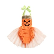 Baby Girl Halloween Pumpkin Costume Bodysuit Tutu Skirt (90/9-12 Months, Orange Pumpkin)
