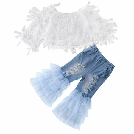 

New Summer Kids Baby Girl Princess Clothes Lace Off-Shoulder T-shirt Tops + Ruffle Long Pants Outfits Set