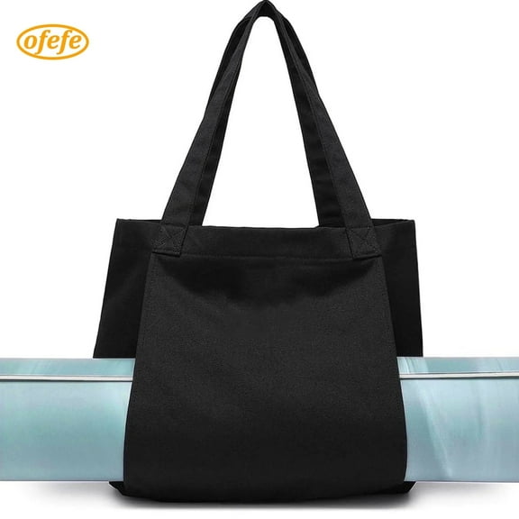Black Canvas Tote Bag with Yoga Mat Carrier Pocket Carryall Shoulder Bag for Office,Yoga bag for women,Workout, Pilates, Travel, Beach and Gym