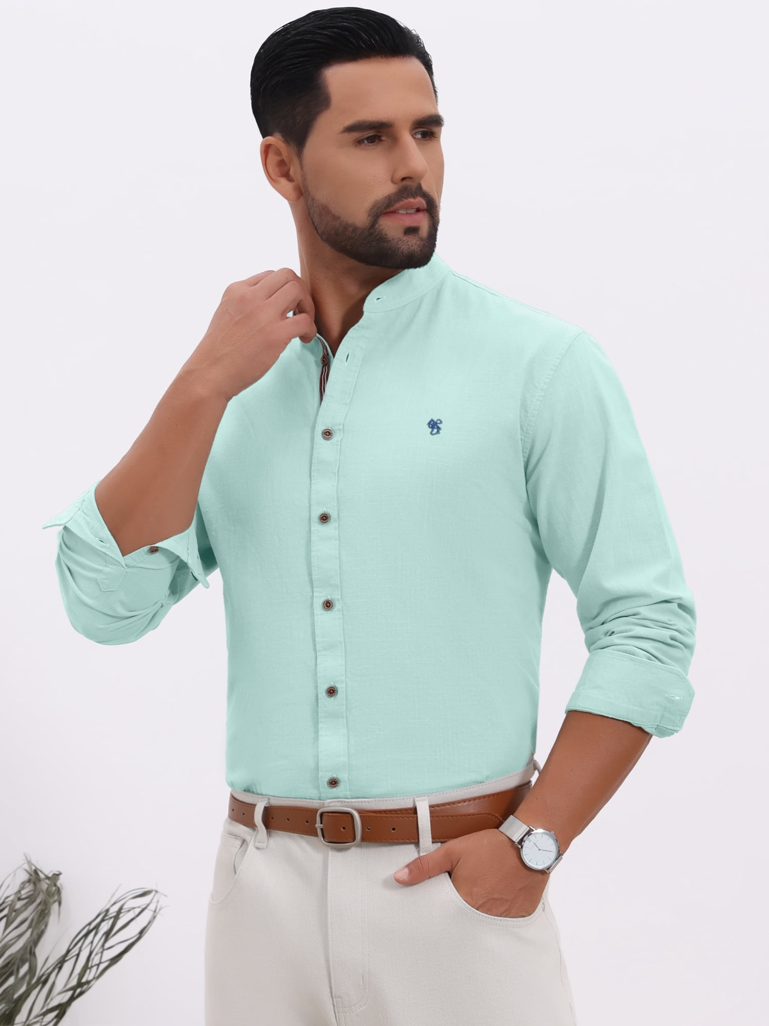 DARING DIVA Men's Stand Collar Long Sleeves Button Down Linen Shirts 2XL Light Green