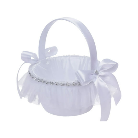 witspace Elegant Wedding Flower Girl Basket with Ribbon Bow, Bowknot Satin Flower Basket for wedding, Rustic Handwoven Wicker Flower Basket, Versatile Picnic Basket for Outdoor 