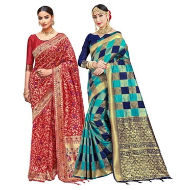 Pack of Two Sarees for Women Banarasi Art Silk IndianDiwali Sari | Wedding Ethnic Gift Woven Saree Combo