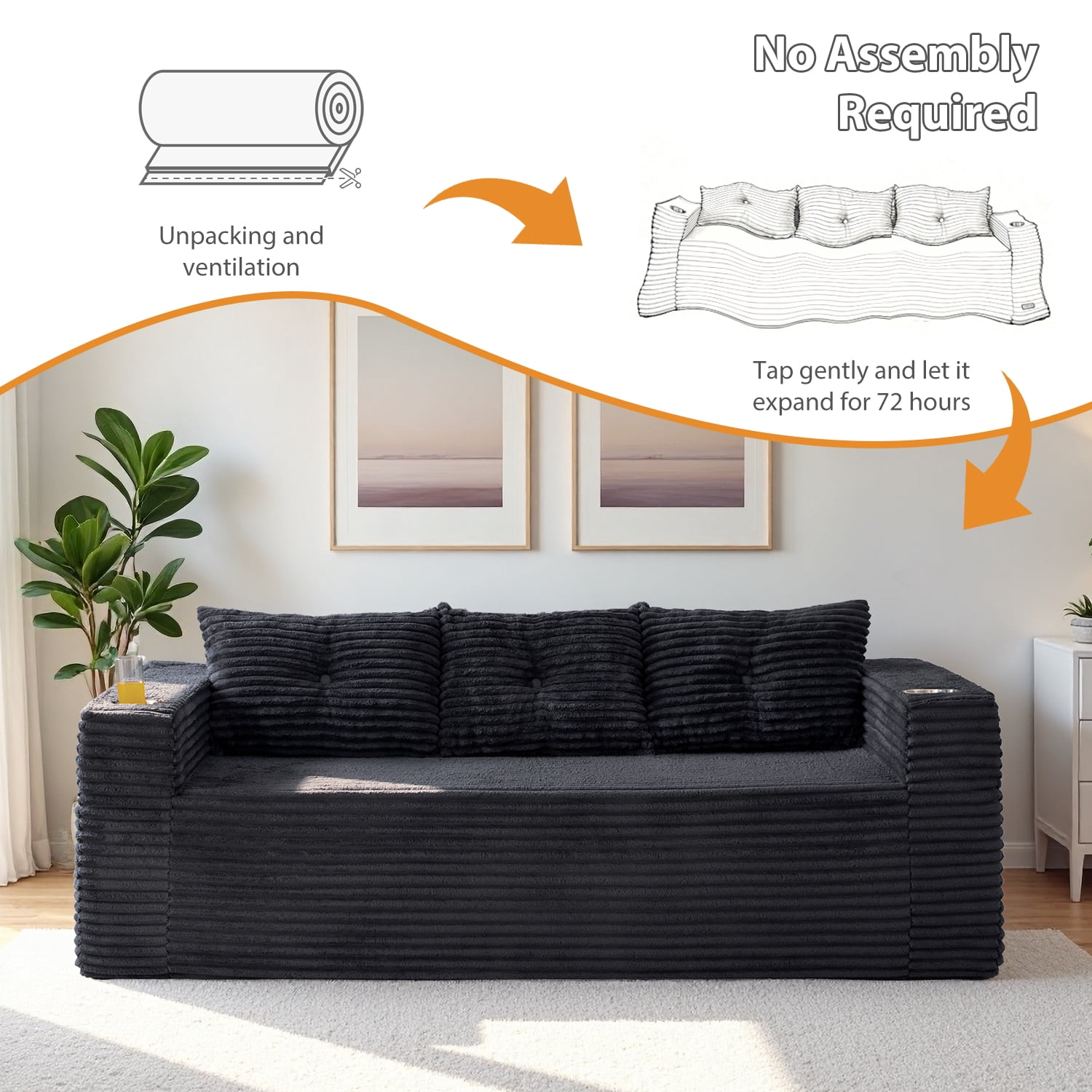 BYBYME 78.7" Corduroy Cloud Floor Sofa,Modular Comfy Small Cloud Couch for Small Spaces,Boneless Sofa for Living Room,No Assembly,3-Seater,Black
