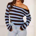 thumbnail image 3 of Camisa de punto para mujer Top de manga larga con rayas horizontales y hombros descubiertos Traje diario FLhrweasw Nuevo, 3 of 8