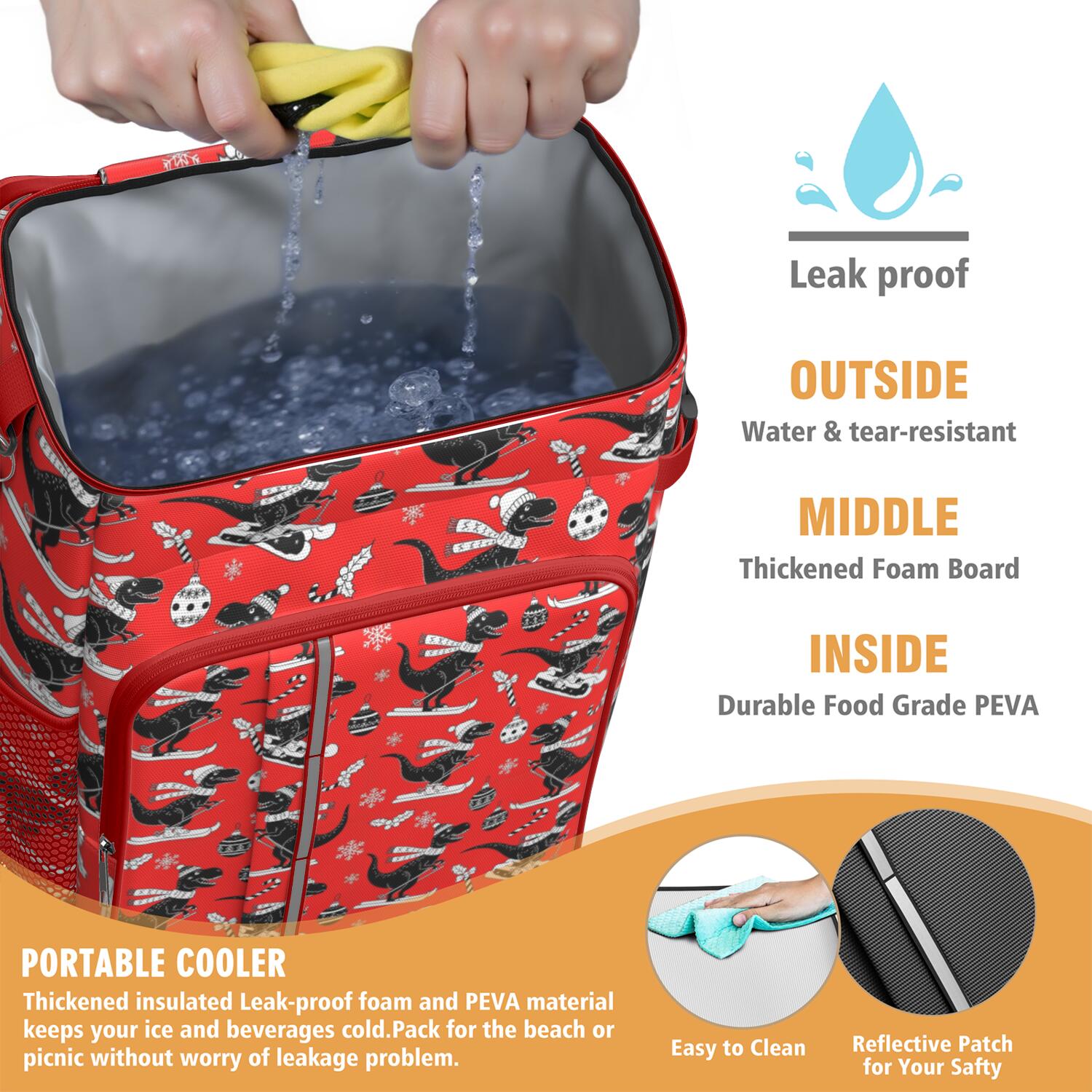 Travel Cooler Bag - Red Cartoon Dinosaurs Skiing Pattern Camping Beer Cooler Backpack with Bottle Opener- Waterproof Insulated Picnic Backpacks - Cooler Bag for Beach