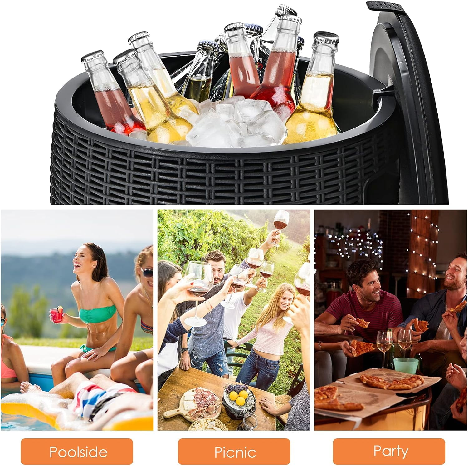 9.5 Gal Cooler Bar Table – Patio Wicker Ice Cooler with 4-in-1 Design, Black, 16.73×16.73×17.32 in