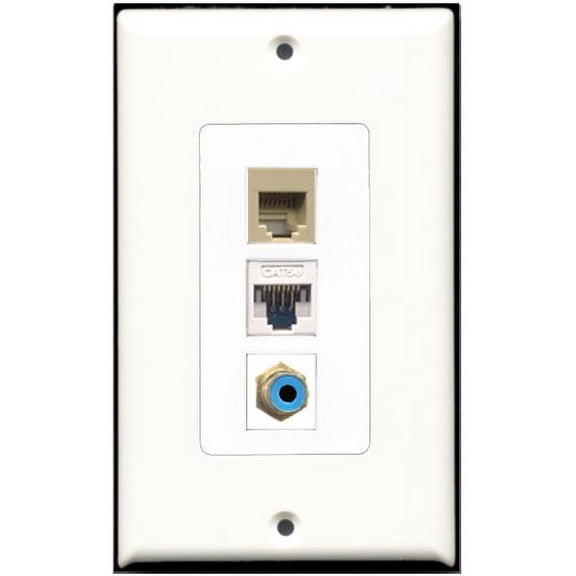 RiteAV - 1 Port RCA Blue 1 Phone RJ11 RJ12 Beige 1 Cat5e Ethernet White Wall Plate Decorative
