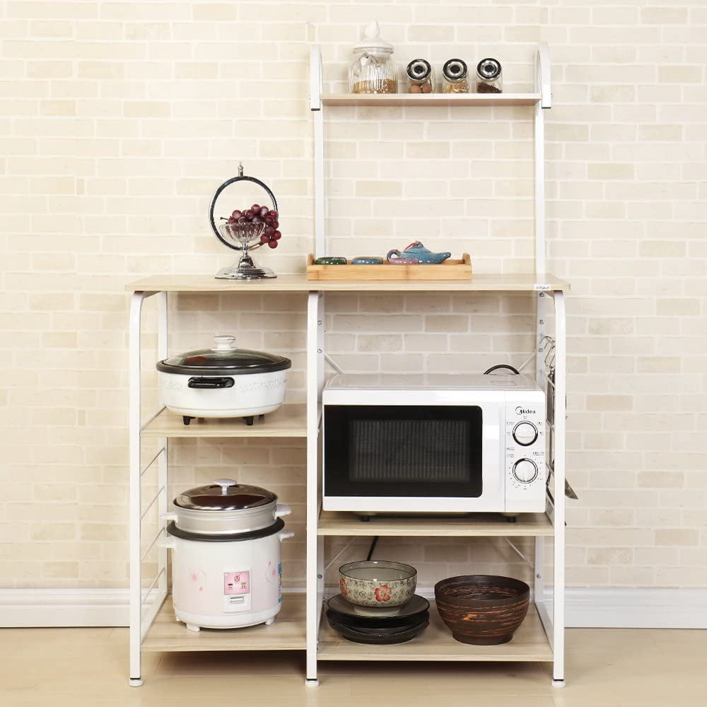 SogesPower Kitchen Stand 4-Tier Storage Shelf with Hooks Microwave Oven Stand Multifunction Workstation Shelf White Oak 35.4"L x 15.4"W x 55.1"H
