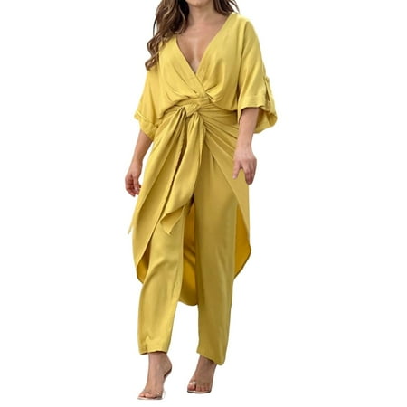 Baqcunre Women Casual V-neck Solid Color Two-piece Set Size M Two Piece Sets for Women Outfits for Women Fall Outfits Women Trendy Women s Pants Women Clothing Yellow