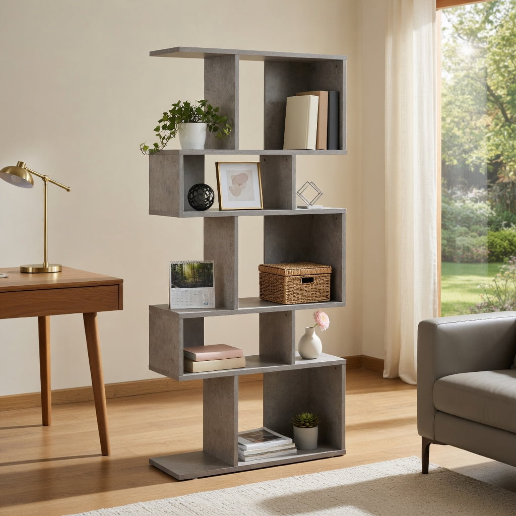 Topcobe 5 Cubes Ladder Shelf Corner Bookshelf Display Rack Bookcase, Tall Bookshelf Modern Book Case for Books, CDs, Movies, Gray