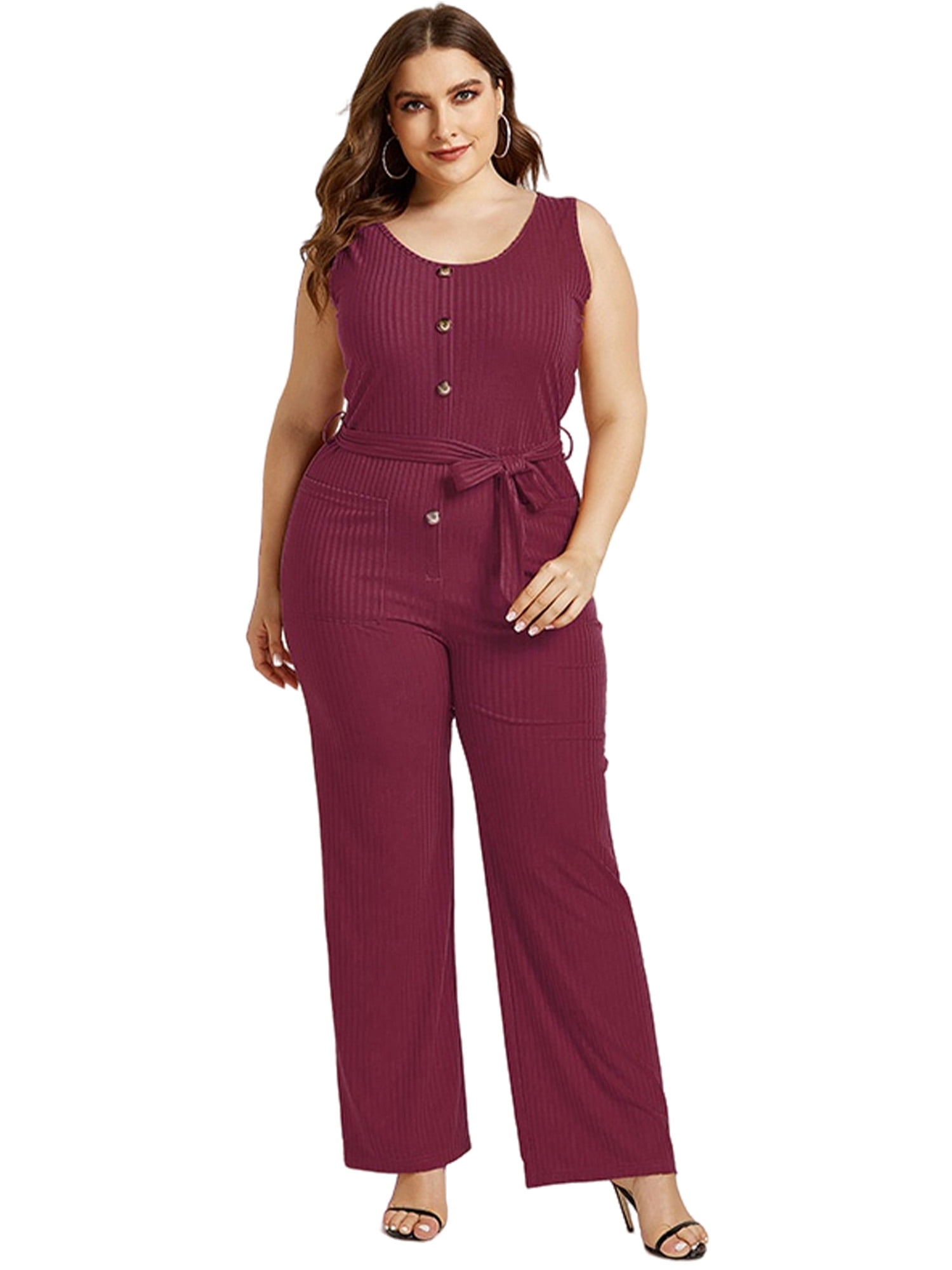 Women Casual O Neck High Waisted Wide Playsuits Beach Jumpsuit with Pockets