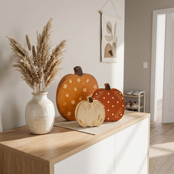 Gqtwoy Wooden Pumpkin Decor Set of 3, Fall Tabletop Decorations, Thanksgiving Centerpieces, Handcrafted Wooden Decor for Home Styling, Autumn Pumpkin Ornaments, Rustic Fall Decor