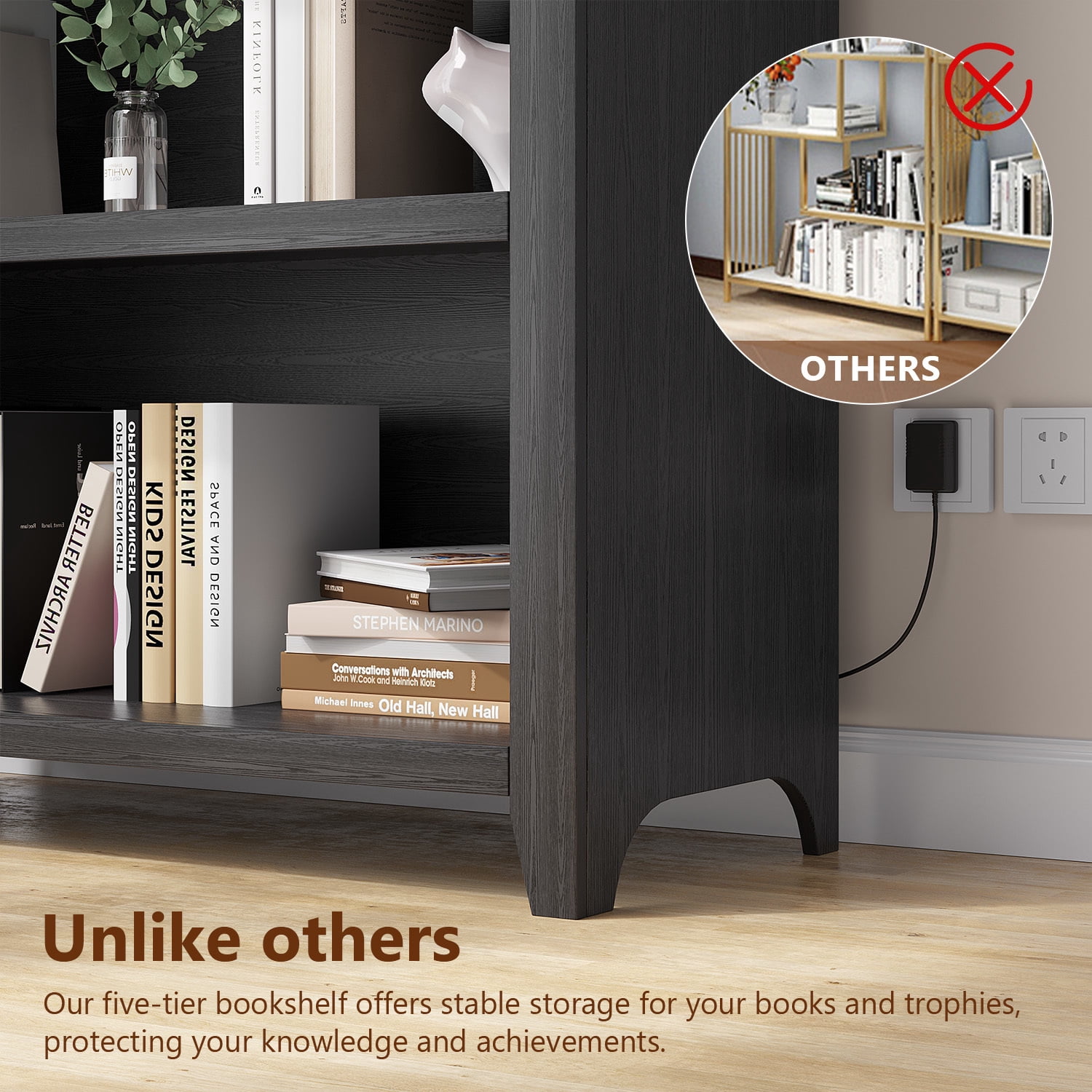 VKCC 68.9" Arched LED Bookcase with 5 Shelves, Modern Bookshelf for Living Room Office, Black