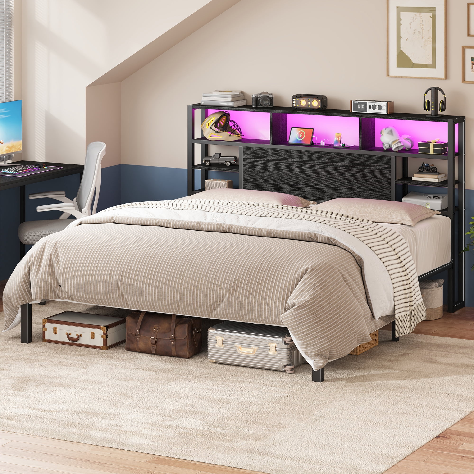 EnHomee Metal Platform Bed Frame with Headboard King Size Bed Frame with 4-Tier Storage Shelf & 3 Open Compartments & LED Lights & Charging Station ,Black
