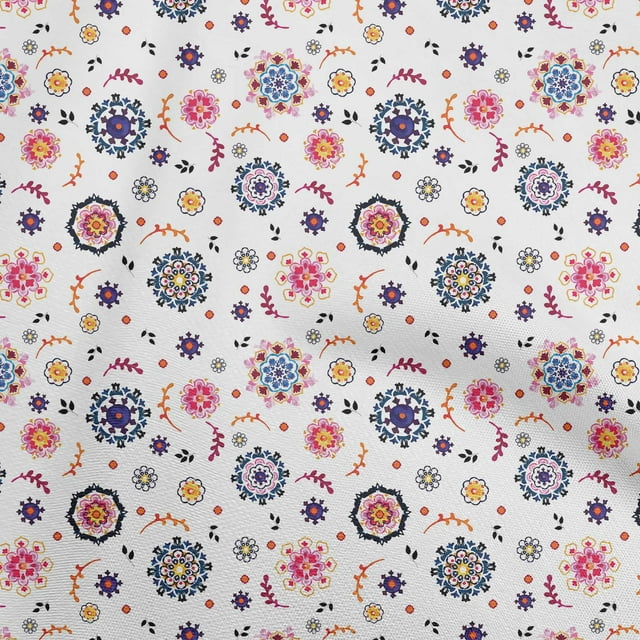 oneOone Polyester Spandex White Fabric Asian Suzani Sewing Material Print Fabric By The Yard 56 Inch Wide