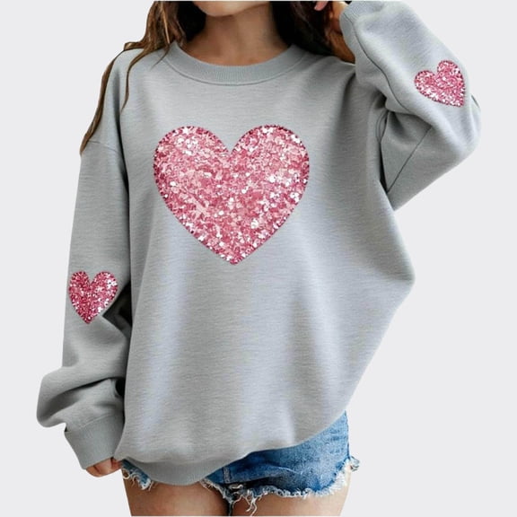 ATOGUTA Valentine's Day Crewneck Sweatshirts Girl Cute Fleece Lined Crewneck Sweatshirts Pullover Tops Size 1T-13, Gray