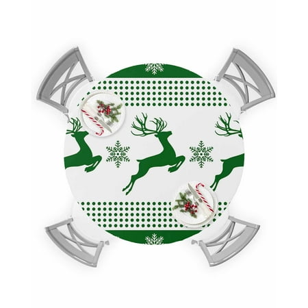 

Round Tablecloth with Elastic Christmas Green Reindeer Snowflakes Border Waterproof Stain-proof Table Cover Wipeable Fitted Table Cloths for 55 -60 Round Tables Dining Kitchen Indoor Outdoor Use