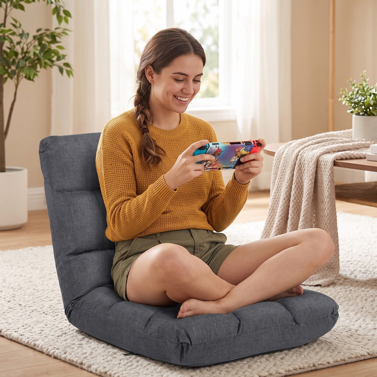 Furnibear 14-Position Adjustable Folding Floor Gaming Sofa Chair, Padded Lazy Recliner Lounger with Steel Frame and Cotton Linen Fabric for Living Room Bedroom, Gray