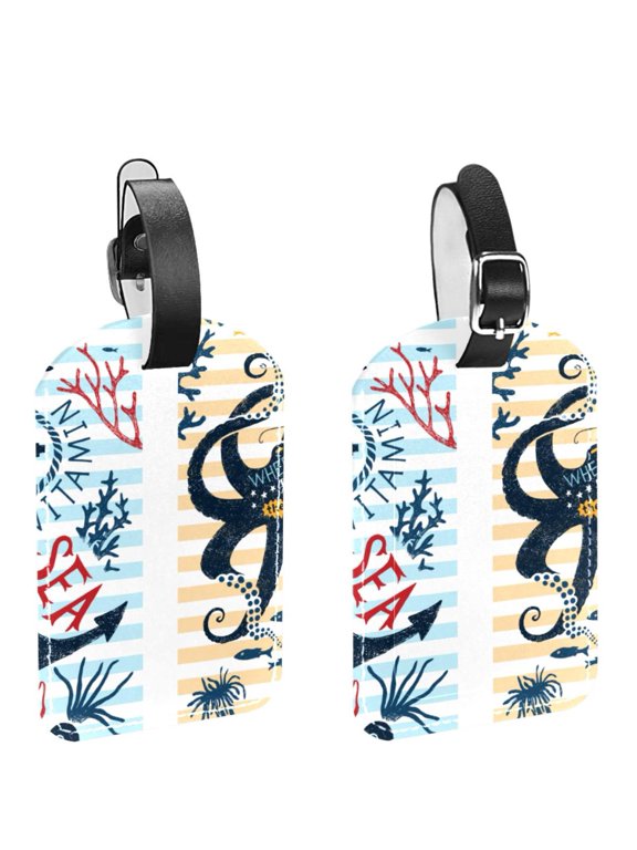 Square 2Pack PU Leather Octopus Cruise Luggage Tag with Privacy Cover and Name ID Tag for Travel Handbags Backpacks Luggage Tags