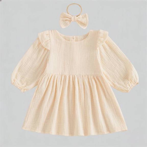 ZHOGXU Kids Girls Dress Long Sleeve Round Neck Solid Color Comfortable Fashiona Elegant Dresses For Casual Daily Wear,Beige,18-24 Months
