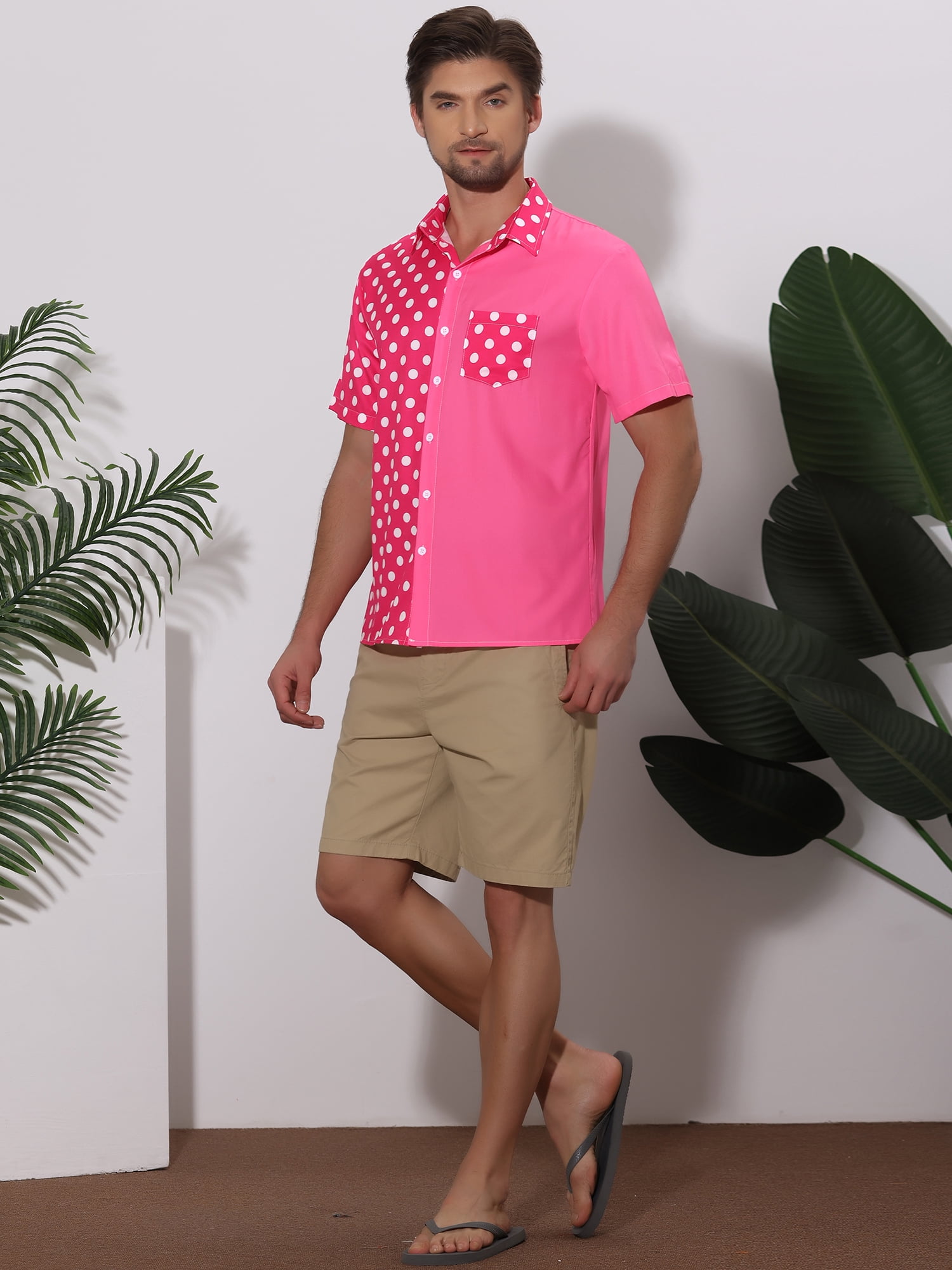 Unique Bargains Men's Summer Polka Dots Short Sleeves Button Down Patchwork Shirt S Pink