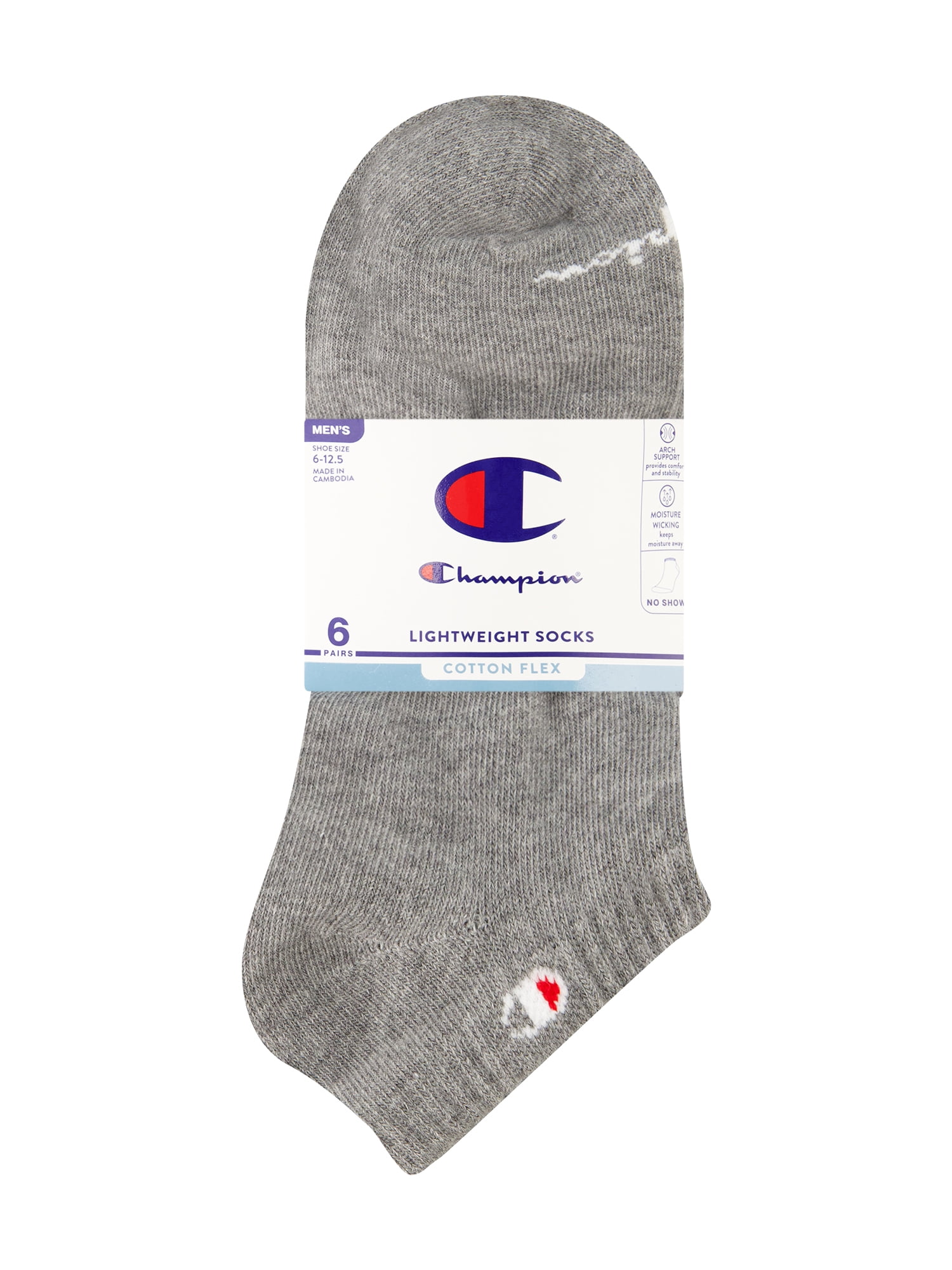 Champion Men’s Lightweight No Show Socks 6 Pack, Moisture-Wicking, Arch Support, Stretch Comfort, Sizes 6–12.5