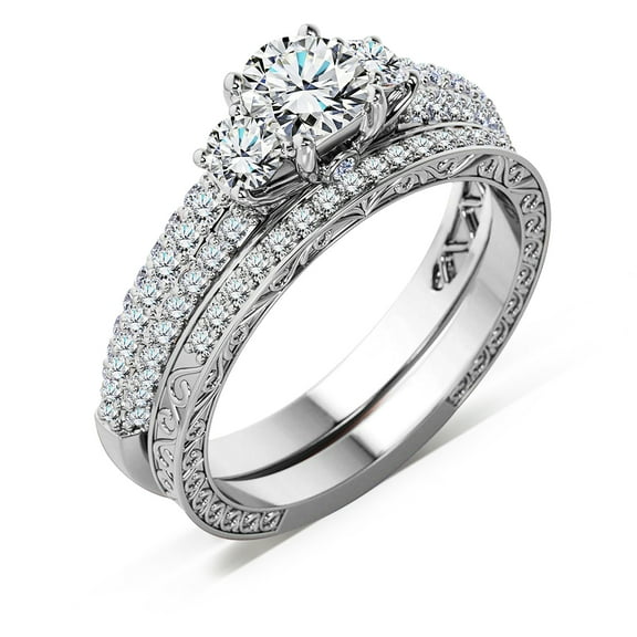 JeenMata 1.25 Carat Round Brilliant Cut Lab Grown Three Stones Diamond - Vintage Design Wedding Ring Set in 18K White Gold Plating for Women