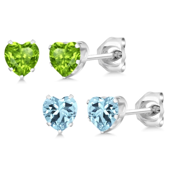 Gem Stone King 2.40 Cttw Heart Shape Blue Topaz and Peridot Stud Earring Set of 2 for Women | 925 Sterling Silver | Gemstone Birthstone | Heart 5MM