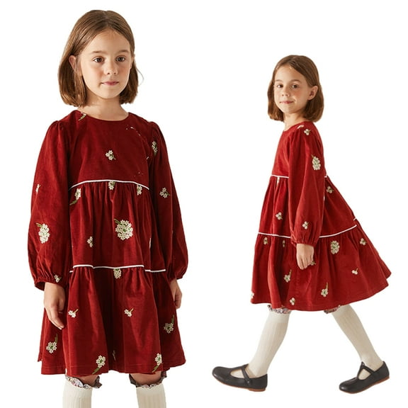 Esaierr Girls Embroidered Dress for Kids Toddler Spring Fall Lantern Sleeve Skirt Cotton Floral Princess Dress 4-7T