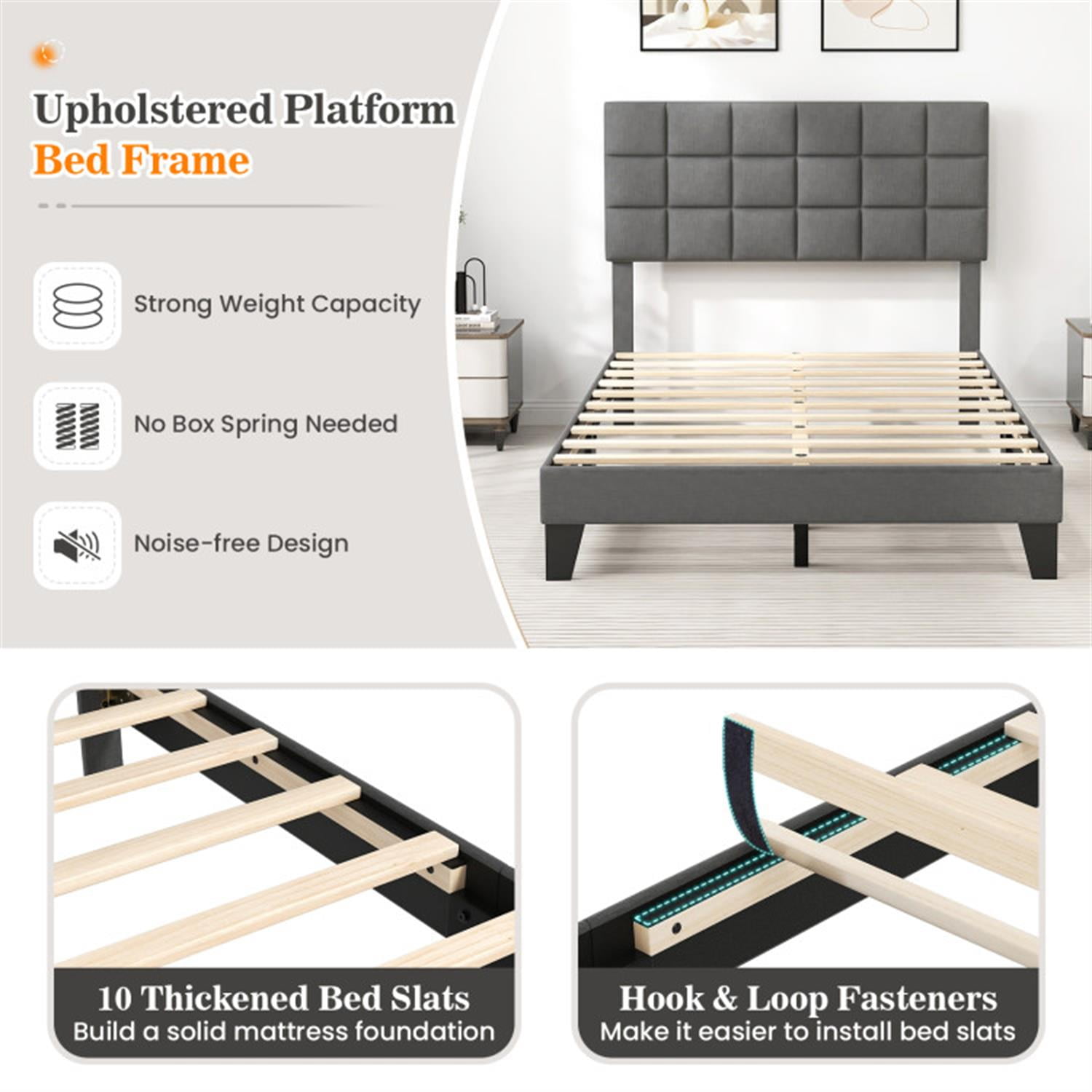 Demi Bonn Full Size Bed Frame with Adjustable Headboard, Modern Linen Platform Bed Frame with 10 Strong Wood Slat Support, No Box Spring Needed, Gray